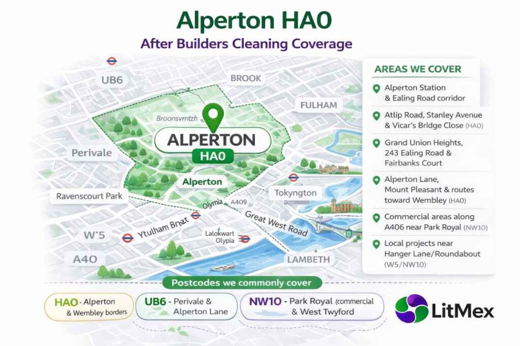 Map showing after builders cleaning coverage in Alperton HA0 and nearby areas