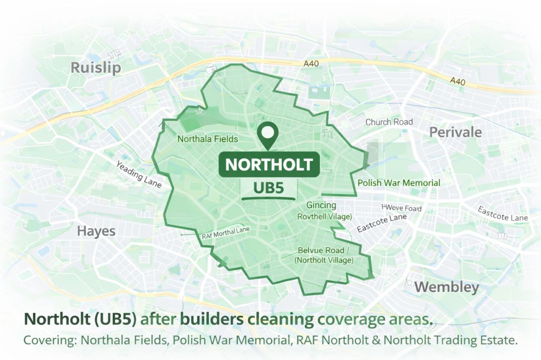 Map showing Northolt UB5 after builders cleaning coverage and nearby areas