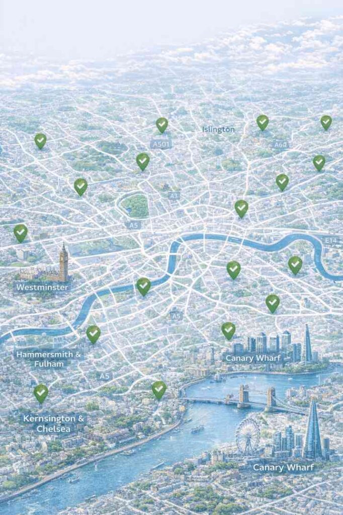 Map style image showing London commercial cleaning coverage across multiple areas